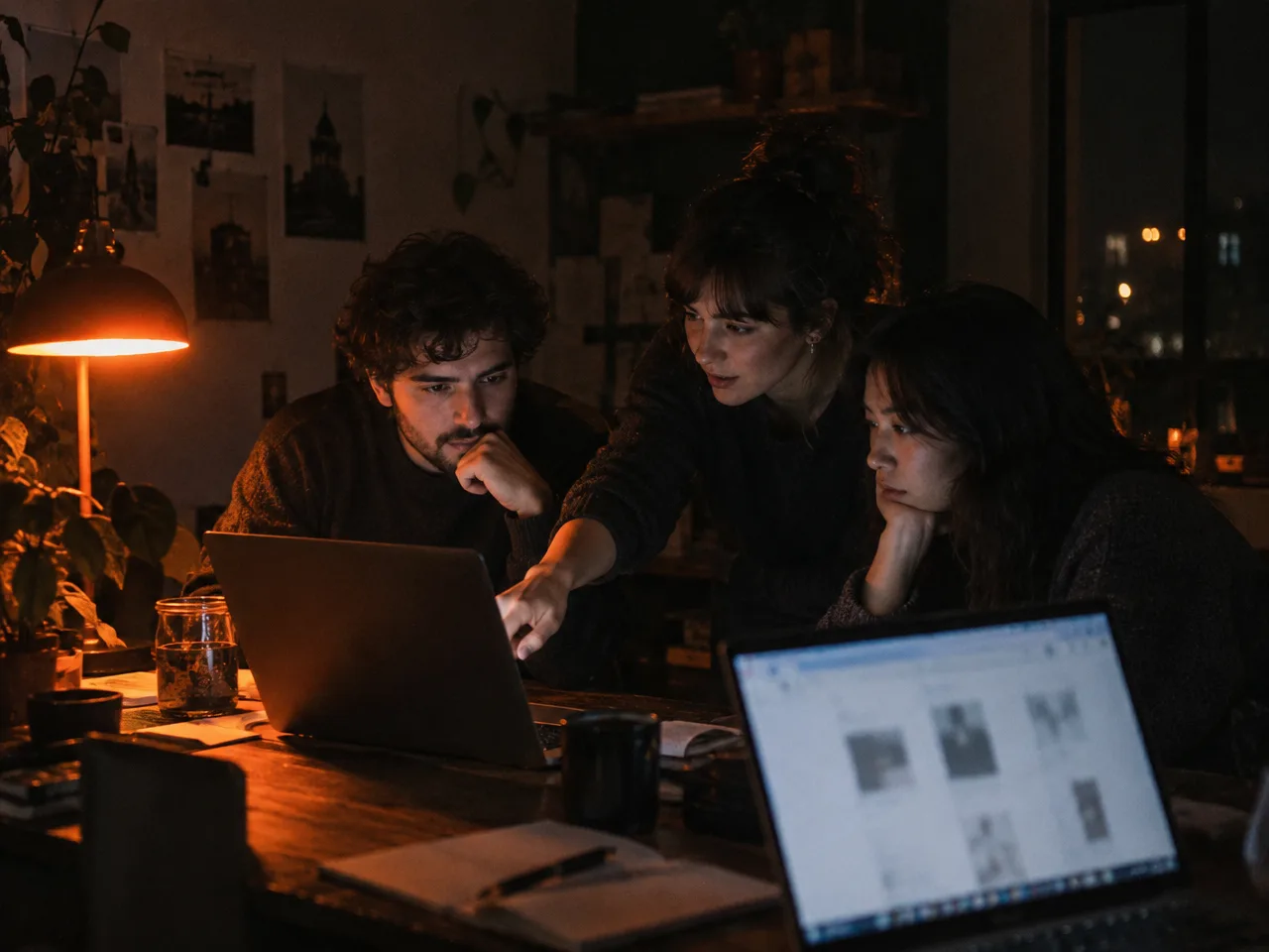 Three people working late at a table, lit by laptops and a desk lamp